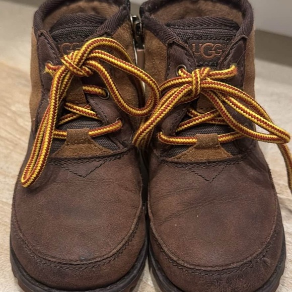 UGG Kids Chocolate Brown Boots with Yellow Laces - Picture 1 of 2